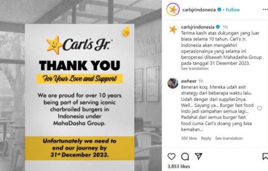 Berakhirnya Era Carl's Jr di Indonesia: Tutup Semua Gerai Setelah 10 Tahun